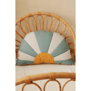 Moi Mili Patchwork-Sonnenkissen aus Leinen & Baumwolle – Blau-Orange – Follow the Sun