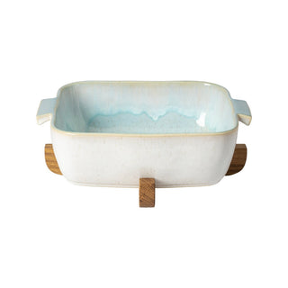 EIVISSA Ofenform 32 cm quadratisch mit Holzuntersetzer – Sea Blue | Backform aus Steingut 2er Set