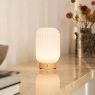 Einzigartige wiederaufladbare Lilly-Lampe – Milchglas und Holzsockel, dimmbar, 3 Lichtmodi