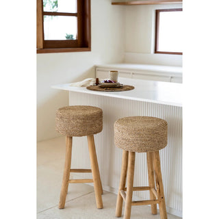 Barhocker aus Teakholz & handgewebtem Bast – 75 cm