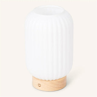 Einzigartige wiederaufladbare Lilly-Lampe – Milchglas und Holzsockel, dimmbar, 3 Lichtmodi