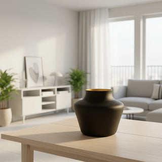 vase schwarz matt, innenseite gold, schöne Kanderform, ideal für große Blumensträuße auf dem Tisch