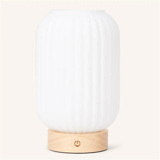 Einzigartige wiederaufladbare Lilly-Lampe – Milchglas und Holzsockel, dimmbar, 3 Lichtmodi