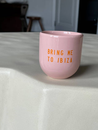 Kaffeebecher Keramik "Bring me back to Ibiza" rosa-orange