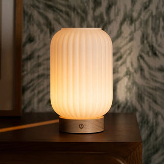 Einzigartige wiederaufladbare Lilly-Lampe – Milchglas und Holzsockel, dimmbar, 3 Lichtmodi