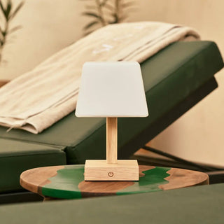 Tommy hellbraune Holztischlampe mit Glas - wiederaufladbare, dimmbare Lampe, kabelloser Beleuchtung