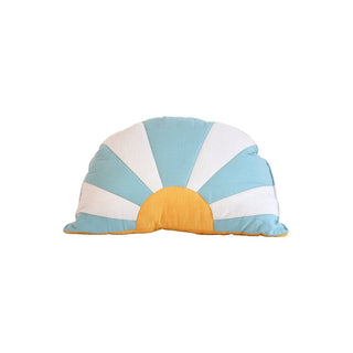 Moi Mili Patchwork-Sonnenkissen aus Leinen & Baumwolle – Blau-Orange – Follow the Sun