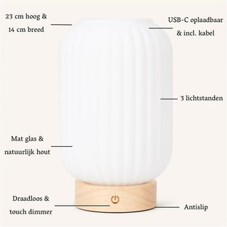 Einzigartige wiederaufladbare Lilly-Lampe – Milchglas und Holzsockel, dimmbar, 3 Lichtmodi