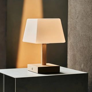 Tommy hellbraune Holztischlampe mit Glas - wiederaufladbare, dimmbare Lampe, kabelloser Beleuchtung