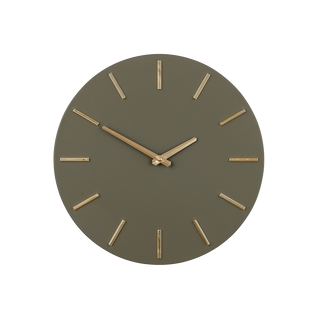 Brixen-Wanduhr von Mica Decorations – Runde Aluminium-Uhr mit Dunkelgrünem Hintergrund & Goldenen Zeigern – 35,5 cm