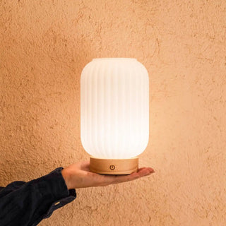 Einzigartige wiederaufladbare Lilly-Lampe – Milchglas und Holzsockel, dimmbar, 3 Lichtmodi
