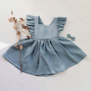 Annie&Charles Bio-Baumwollkleid mit Rüschen & Rückenschleife – Grün, Beige, Braun, Blau – Größen 6 Monate bis 4 Jahre