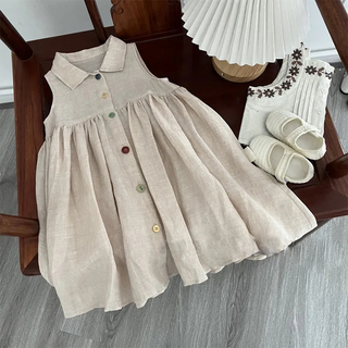 Annie&Charles Kinderkleid aus Bio-Leinen und Baumwolle – Naturfarben mit bunten Knöpfen – Größen 2–10 Jahre