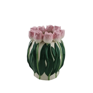 Vase-Blume-Vase mit Tulips-Dolomit-hellrosa/ grün-12,5x12,5x16 cm