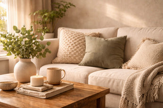 Helle freundliche Wohnung mit neigen Sofa und zarten Eukalyptus grünen und beigen Kissen. Ein Holztisch und eine Vase mit Eukalyptus 