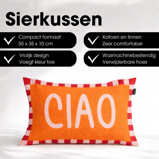 Mica Decorations CIAO Dekokissen 55x35 cm – Orange Zierkissen mit rosa „CIAO“ Schriftzug aus Baumwolle & Leinen