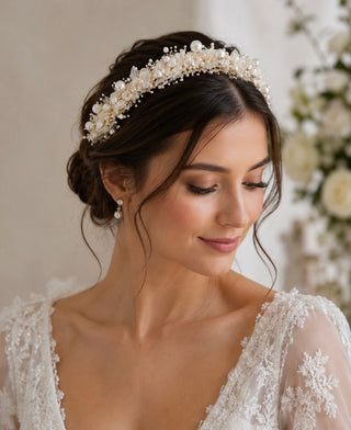 Bridal Trockenblumen Haarreif mit Perlen in Ivory – Eleganter Braut Haarreif | Boho Brautschmuck für Hochzeit & Standesamt