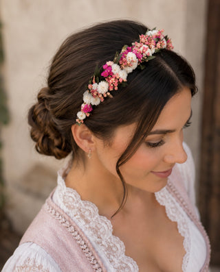 FLOWERCROWN Haarreif aus Trockenblumen in Pink, Grün & Weiß | Flower Crown für Hochzeit, Kommunion & Oktoberfest