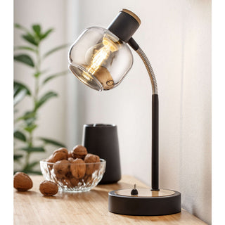 Tischleuchte Fumoso – Rauchglas, Schwarz & Holzdekor, 34 cm