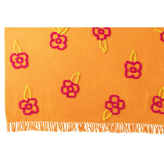 Dekostoff, orange, aufgestickt rote Blumen, weißer Hintergrund