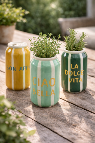 Keramik Vase Dosen 3-er Set D6,5 x H11,5 cm – Dekorative Mini Vase in Grün, Türkis & Braun mit Schriftzug