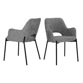 Armlehnstuhl 2er Set Skandinavischer Esszimmerstuhl mit Bouclé-Bezug – Moderner Polsterstuhl Grau mit schwarzem Metallgestell | Designstuhl