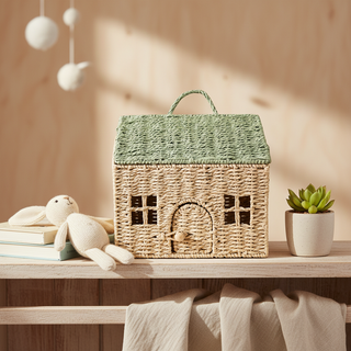 Dekoratives Häuschen zum Aufhängen Beige Grün – Boho Deko aus Papier & Stahl