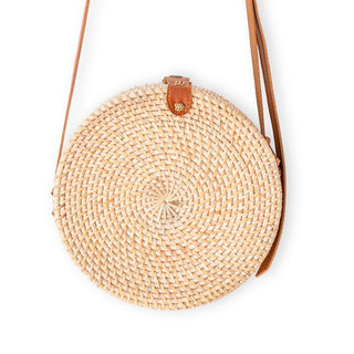 Runde Rattantasche Beige handgemachte Umhängetasche mit Kunstlederriemen Umhängetasche Boho Bali Tasche SENJA (natur)