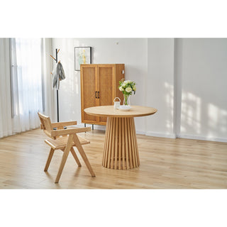 Armlehnstuhl aus Holz & Rattan – Gepolsterter Vintage Esszimmerstuhl im Naturlook