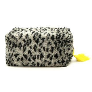 Kosmetiktasche Teddy Leo – Grau/Gelb – Beauty Bag mit Quaste – Make-up Tasche mit Reißverschluss 21x11,5x10 cm