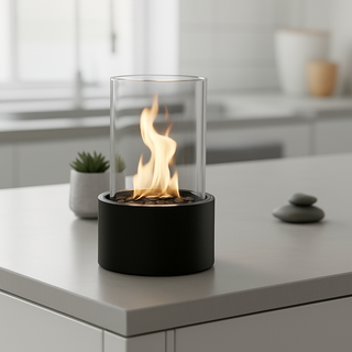 Tischkamin Bioethanol 18x18x26,5 cm – Tischfeuer aus Metall & Glas mit Steinen