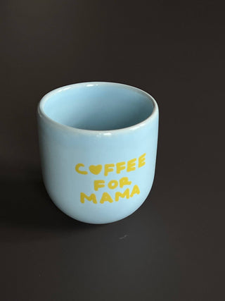 Kaffeebecher Keramik "Coffee for Mama" blau gelb