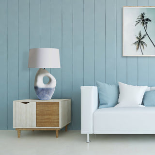 SalesFever Tischleuchte Keramik Blau-Weiß – Handbemalte Design-Tischlampe mit Leinenschirm, 69 cm