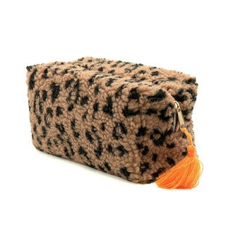 Kosmetiktasche Teddy Leo Braun/Orange – Beauty Bag mit Quaste – Make-up Tasche mit Reißverschluss 21x11,5x10 cm