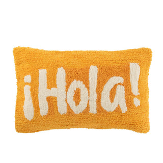 Zierkissen orange/weiss, Schriftzug Hola, plüschig, weißer Hintergrund