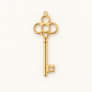 Goldener Schlüssel-Charm mit verspieltem Kopf auf cremefarbenem Hintergrund.