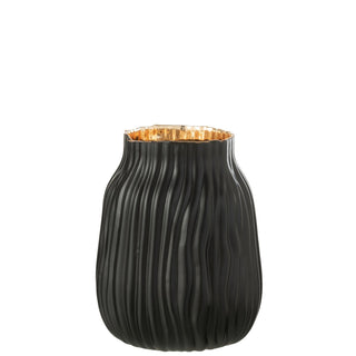 Vase schwarz/gold, Glas mit Kerben, weißer Hintergrund