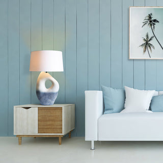 SalesFever Tischleuchte Keramik Blau-Weiß – Handbemalte Design-Tischlampe mit Leinenschirm, 69 cm