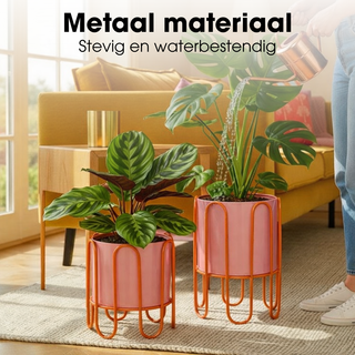 Blumentopf Set Dione Rosa auf Ständer – 2er Set Metall Pflanzgefäße modern – stilvolle Wohnzimmer Deko & Wohnaccessoires