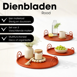 Tablett Set Rot mit Griffen – 3er Metall Tabletts aus Eisen