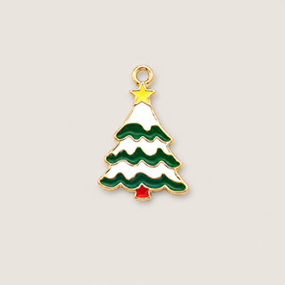 Bunter Weihnachtsbaum Anhänger in Gold mit grün-weißen Details auf neutralem Hintergrund