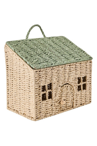 Dekoratives Häuschen zum Aufhängen Beige Grün – Boho Deko aus Papier & Stahl