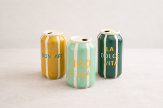 Keramik Vase Dosen 3-er Set D6,5 x H11,5 cm – Dekorative Mini Vase in Grün, Türkis & Braun mit Schriftzug