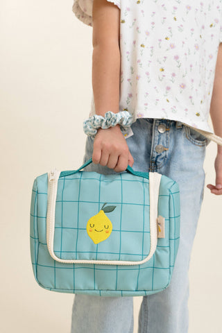 Kinder Kulturbeutel mit Spiegel „Lemontastic“ – Türkise Reise Waschtasche mit Fächern | Kosmetiktasche für Kinder