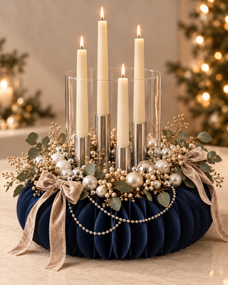 Dunkelblauer Adventssockel aus Papier mit vier brennenden cremefarbenen Kerzen, silbernen Kerzenhaltern und Glaszylinder, dekoriert mit weißen und silbernen Kugeln, Eukalyptus, hellen Beeren, beigen Schleifen und geschwungenen Kugelketten.