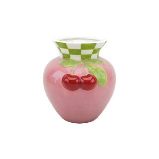 Rosa Keramikvase mit Kirschen – Verspielte Design-Vase L13,7 B12,5 H13,7cm