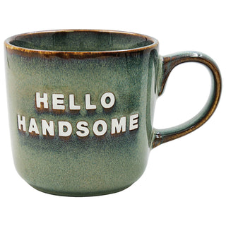 Hochwertige Keramiktasse "Hello Handsome" grün-baun im modernen Design
