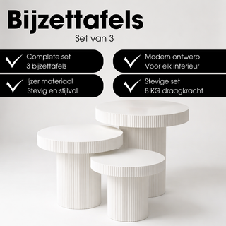 Mica Decorations Lux Beistelltisch Set 3er – Runde Metall Beistelltische in Gebrochenem Weiß, Moderne Couchtische Ø50–70 cm