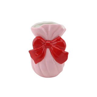 Keramikvase mit dekorativem Bogen – Flaschenförmige Dekovase | Housevitamin - Pink/Rot - 11x10x16cm