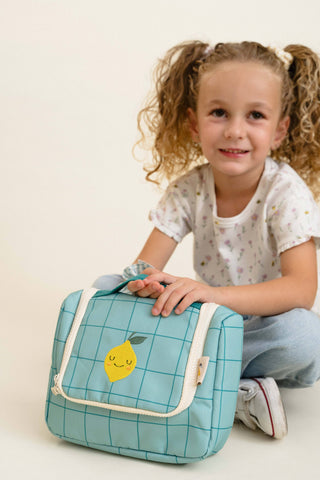 Kinder Kulturbeutel mit Spiegel „Lemontastic“ – Türkise Reise Waschtasche mit Fächern | Kosmetiktasche für Kinder